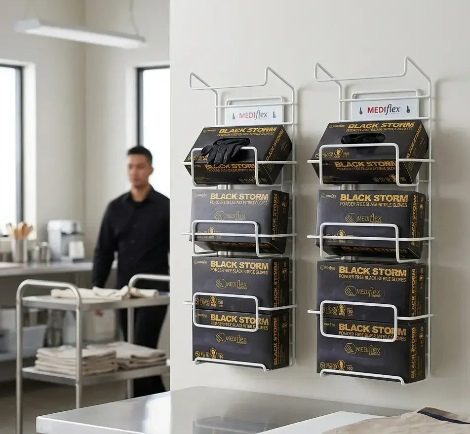 Wall-mounted display of Mediflex Black Storm products in a clinical setting.