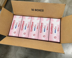 Open cardboard shipping box containing ten pink boxes of Guardian Mediflex Small, with '10 BOXES' printed on the inside top flap.