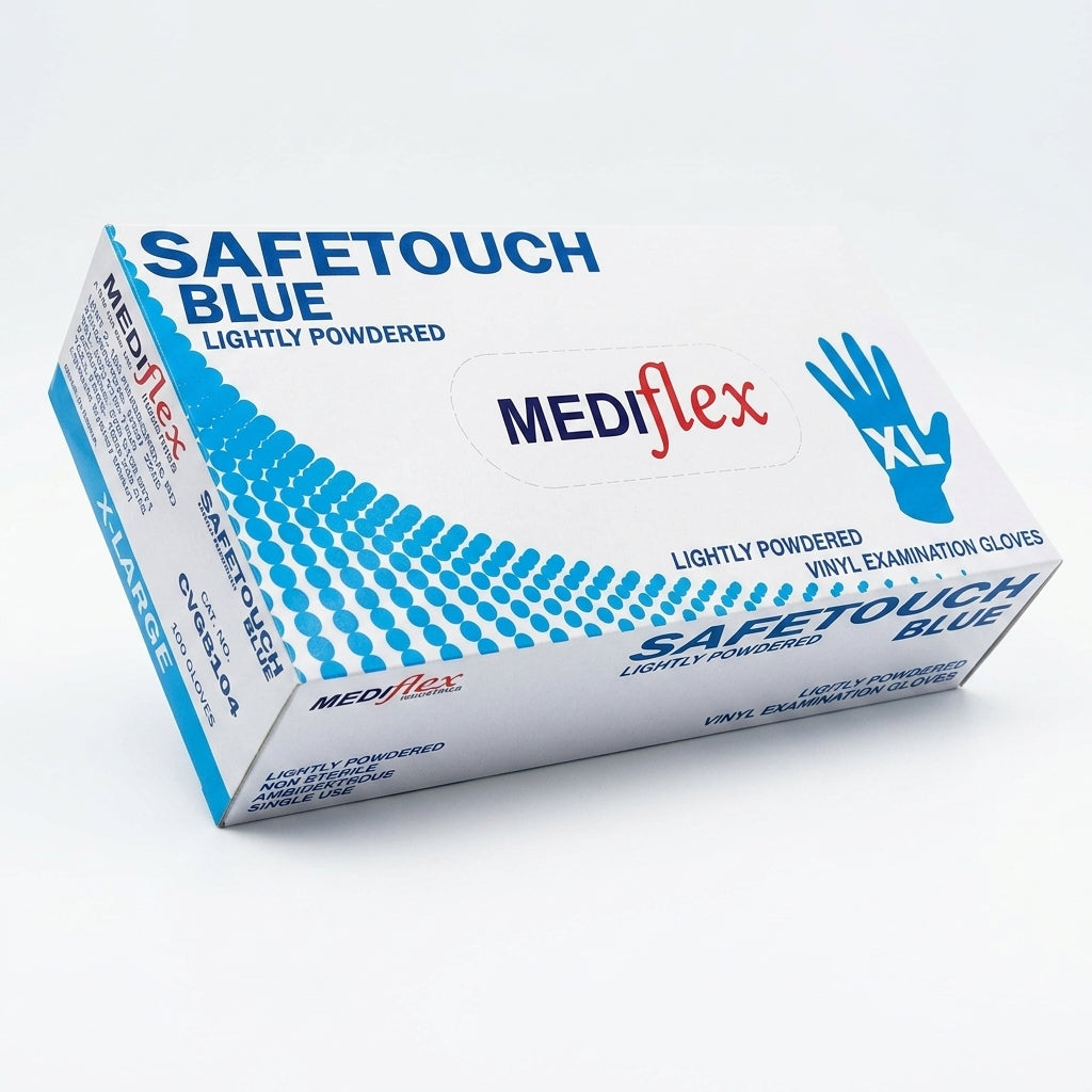 Mediflex Safetouch blue vinyl gloves lightly powdered medical grade disposable gloves for healthcare and hygiene use