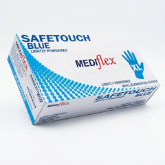 Mediflex Safetouch blue vinyl gloves lightly powdered medical grade disposable gloves for healthcare and hygiene use