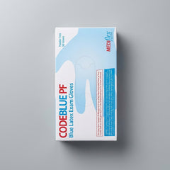 Close-up of Code Blue latex gloves featuring an extended long cuff for extra wrist and forearm protection.