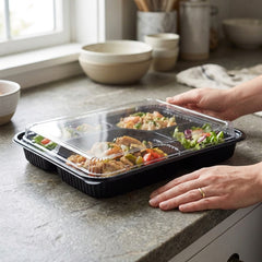 Meal prep bento box 5 compartment black square container for portion control and catering use