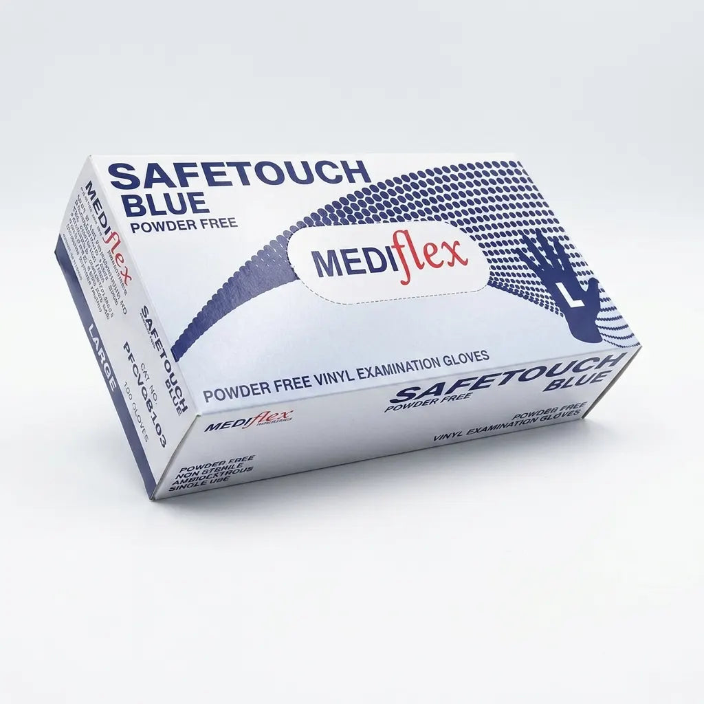 Mediflex Safetouch powder free vinyl gloves blue disposable latex free gloves for healthcare food handling and cleaning use