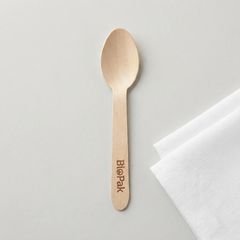 Miniature wooden dessert spoon pack showing a compact 110mm profile designed for espresso stirring and tasting menus.