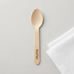 Miniature wooden dessert spoon pack showing a compact 110mm profile designed for espresso stirring and tasting menus.