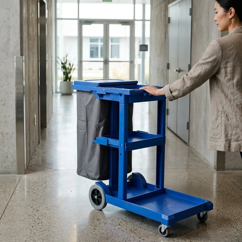 Mobile housekeeping cart loaded with cleaning chemicals, microfibre cloths, and mops being used for facility maintenance.