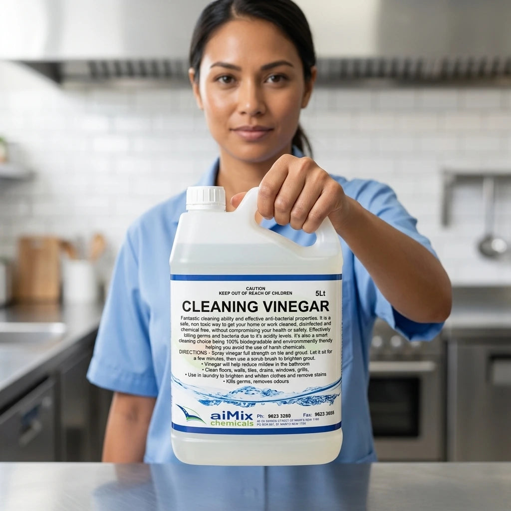 Eco-friendly white vinegar cleaning solution being poured to dilute as a natural degreaser for surfaces and floors.