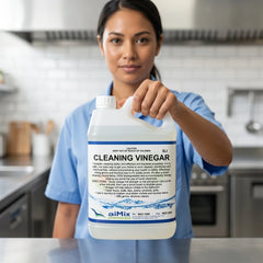 Eco-friendly white vinegar cleaning solution being poured to dilute as a natural degreaser for surfaces and floors.