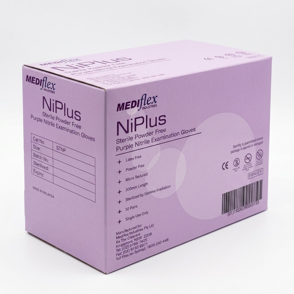 Box of Ni Plus sterile purple nitrile examination gloves, individually wrapped and powder-free.