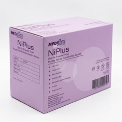 Box of Ni Plus sterile purple nitrile examination gloves, individually wrapped and powder-free.