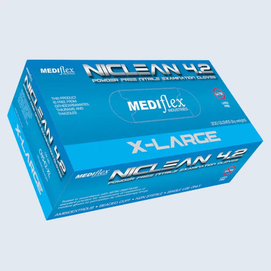 Niclean Powder-Free Blue Nitrile Gloves Heavy Duty Latex-Free.