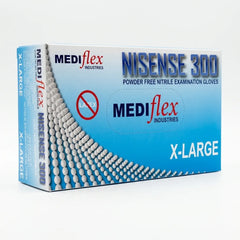 Nisense 300 powder-free nitrile examination gloves in a 100-count box, long cuff medical grade.
