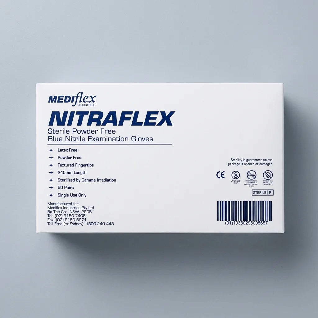 Pair of blue Nitraflex nitrile examination gloves, sterile and powder-free for clinical safety.