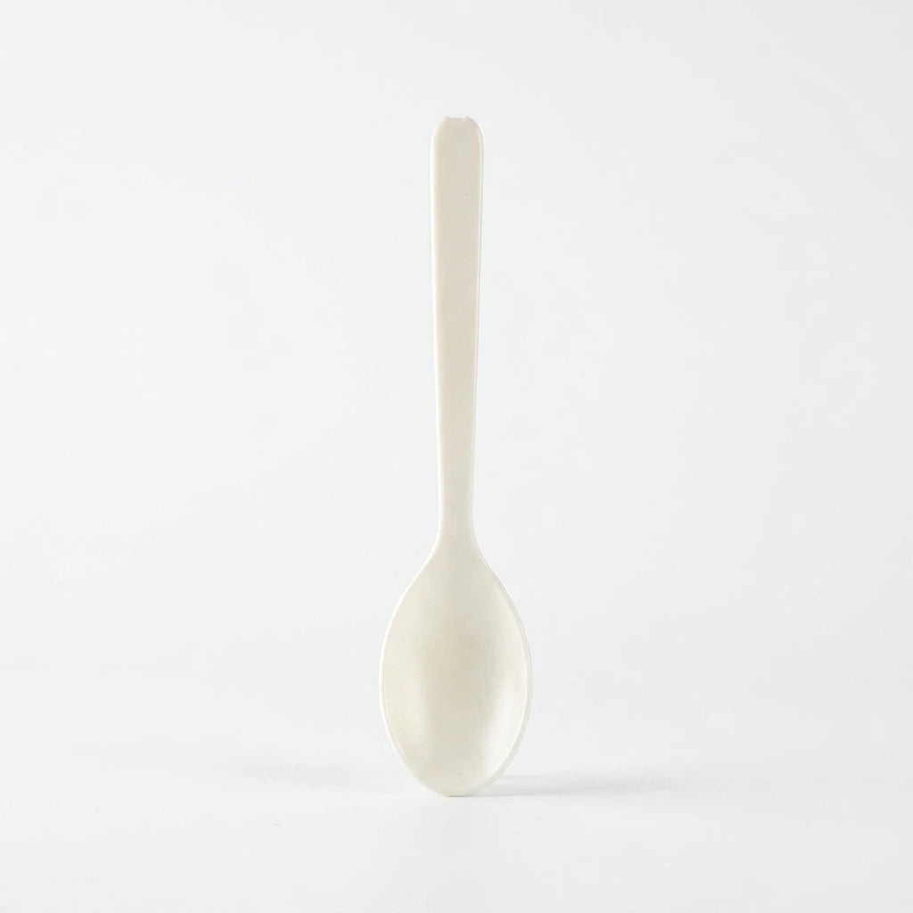 10cm PLA bioplastic compostable tea spoon manufactured from plant based cornstarch resin for takeaway food services.