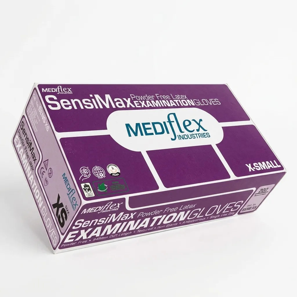Powder free latex gloves bulk carton Mediflex SensiMax disposable gloves for healthcare food service and cleaning applications