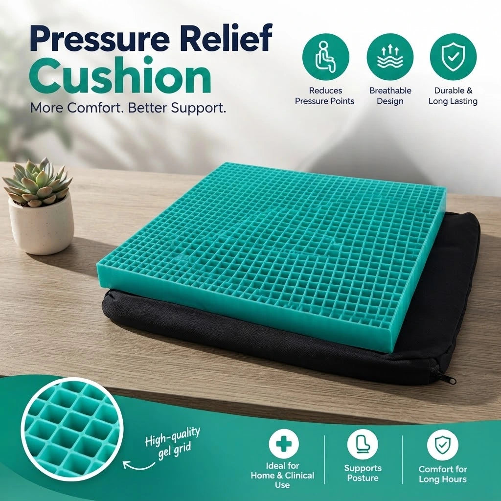 Pressure relief seat cushion promo graphic featuring a teal gel grid insert on a black cover placed on a wooden desk alongside product feature icons.
