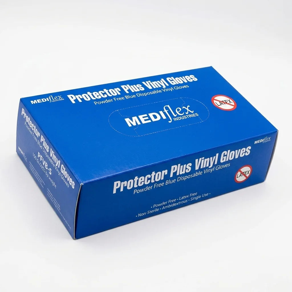 Protector Plus blue vinyl gloves powder free latex free disposable gloves for food handling cleaning and hygiene use