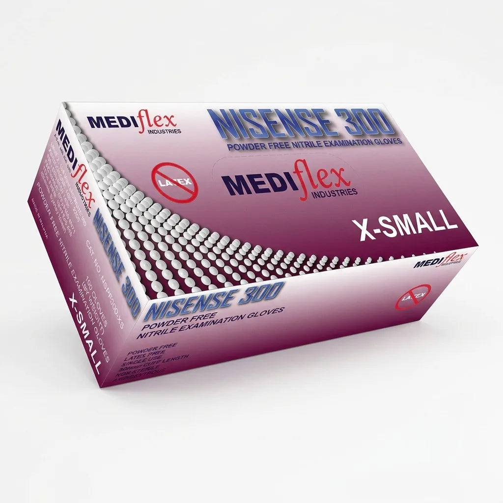 Durable Nisense 300 nitrile gloves demonstrating high tensile strength and puncture resistance.