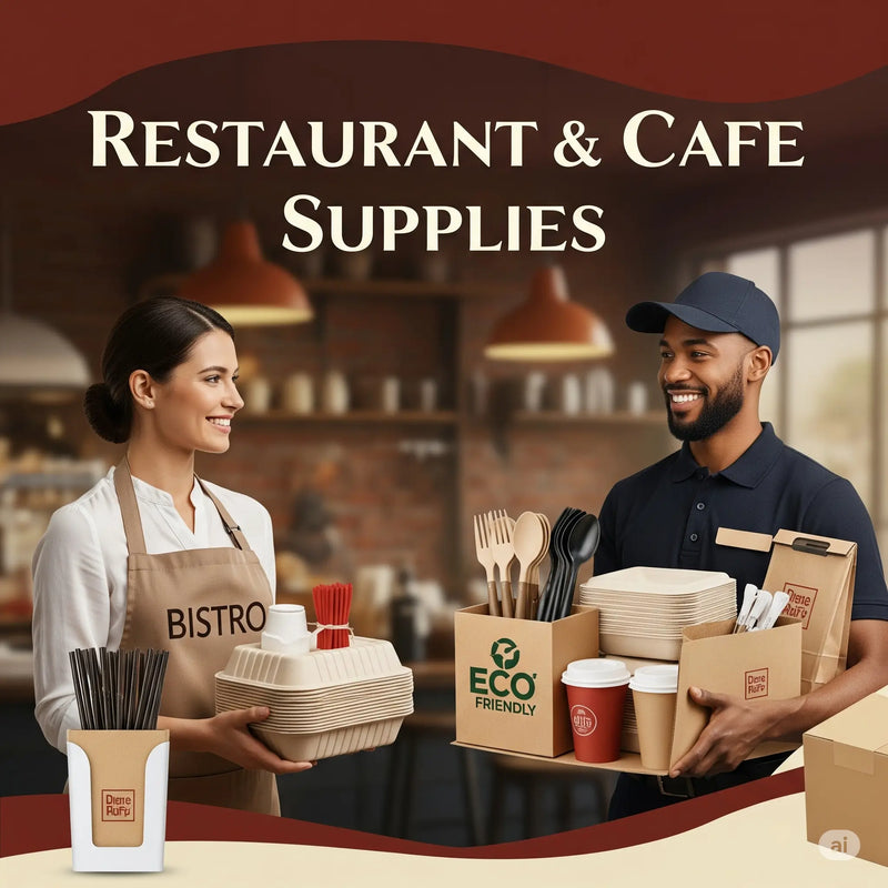 Two people with restaurant and cafe supplies including cups, straws, and a box labeled 'Bistro'.