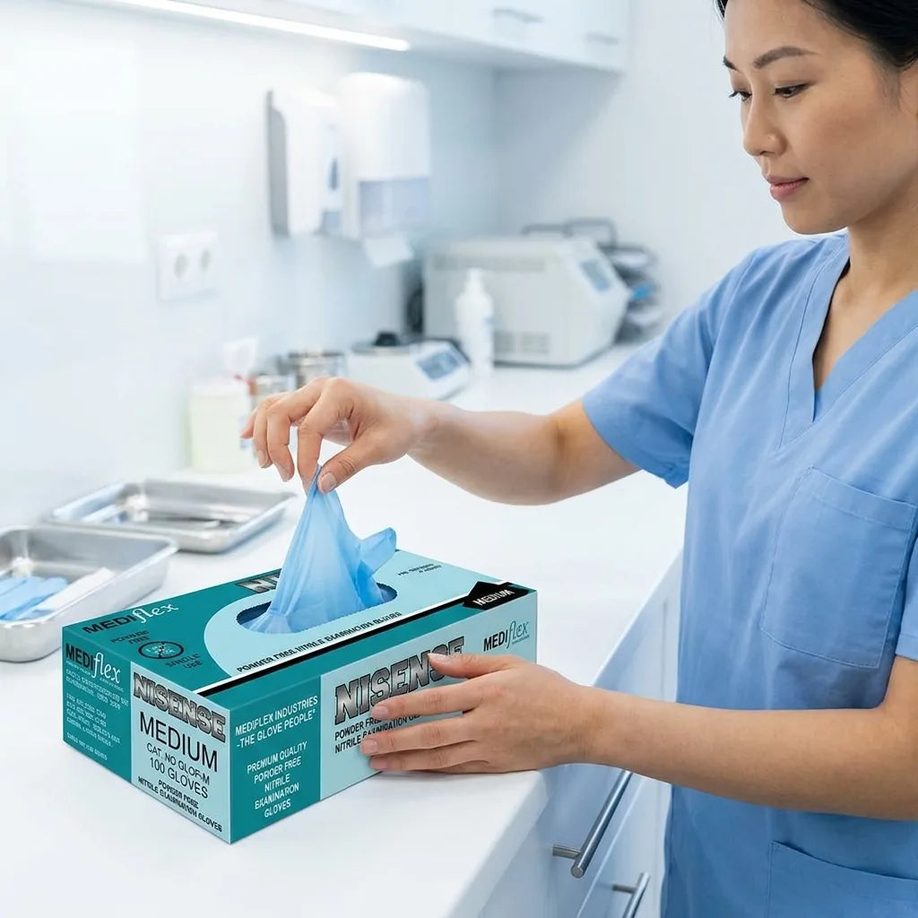Sky blue nitrile examination gloves textured grip powder free gloves for medical clinics laboratories and hygiene protection