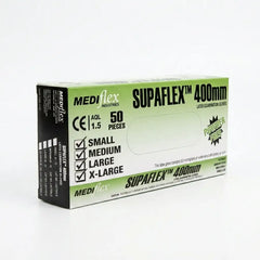 Supaflex 400 extra-long powder-free latex gauntlet gloves featuring a 400mm length for extended arm protection.