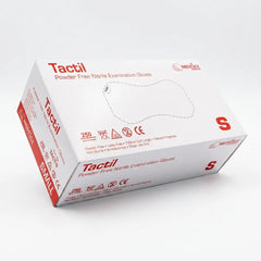 Box of Tactil powder-free disposable nitrile examination gloves, blue medical-grade protection.