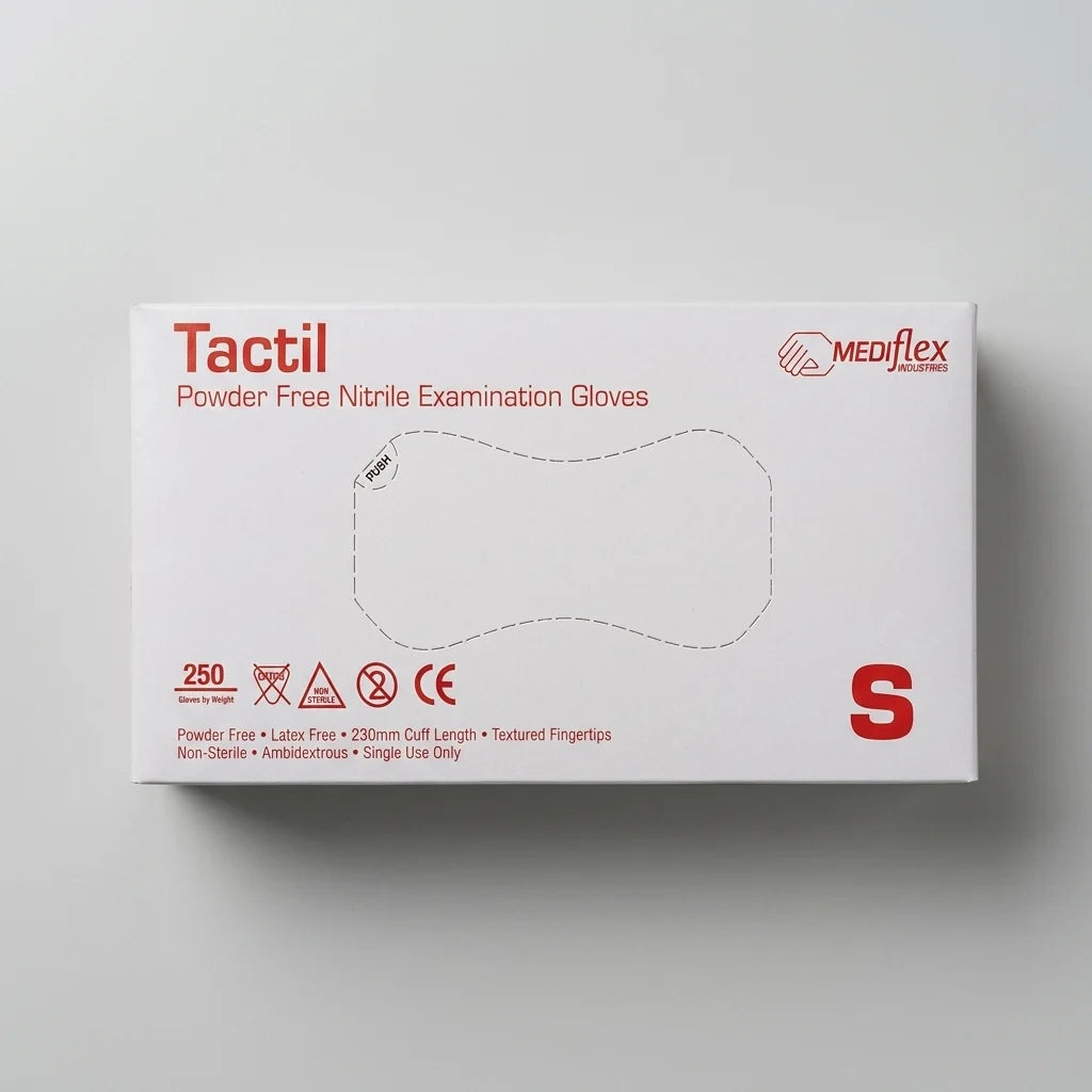 Pair of Tactil disposable nitrile gloves featuring textured fingertips for enhanced grip in wet and dry conditions.