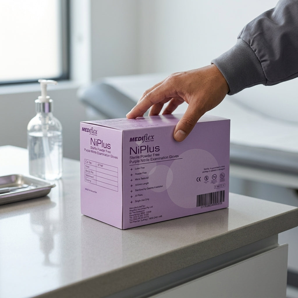 Close-up of Ni Plus purple nitrile sterile gloves showing micro-textured fingertips for precision grip.