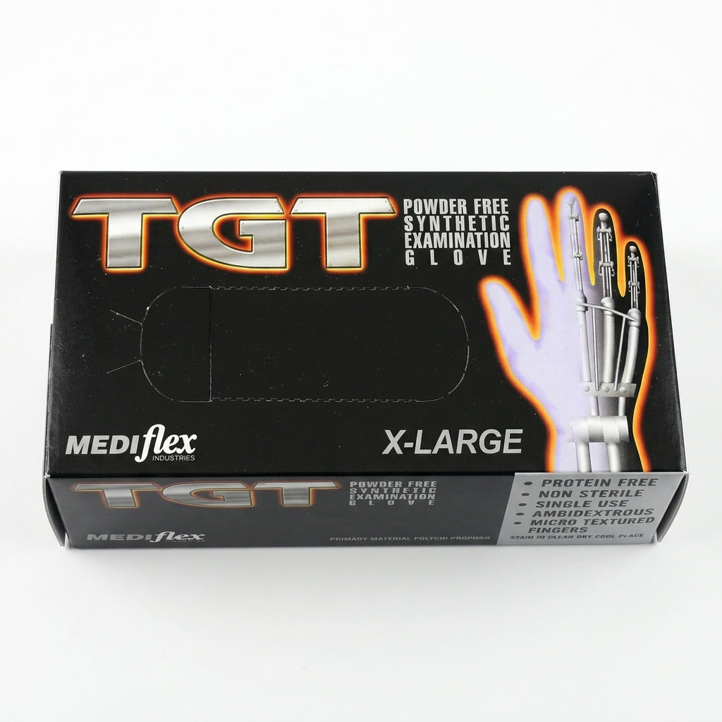 Box of TGT Neoprene powder-free polychloroprene examination gloves, green medical-grade protection.