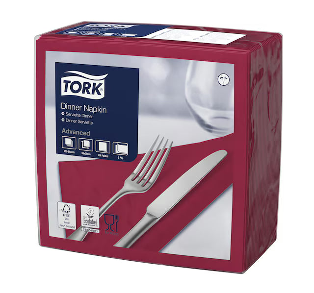 A package of Tork Dinner Napkin Advanced, featuring a deep red napkin with a printed graphic of a silver fork and knife on a white background, inside a clear plastic-wrapped box.