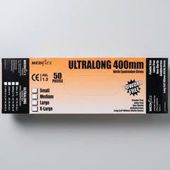 Ultralong 400 nitrile gauntlet gloves with an extra-long 400mm cuff for extended forearm and elbow protection.