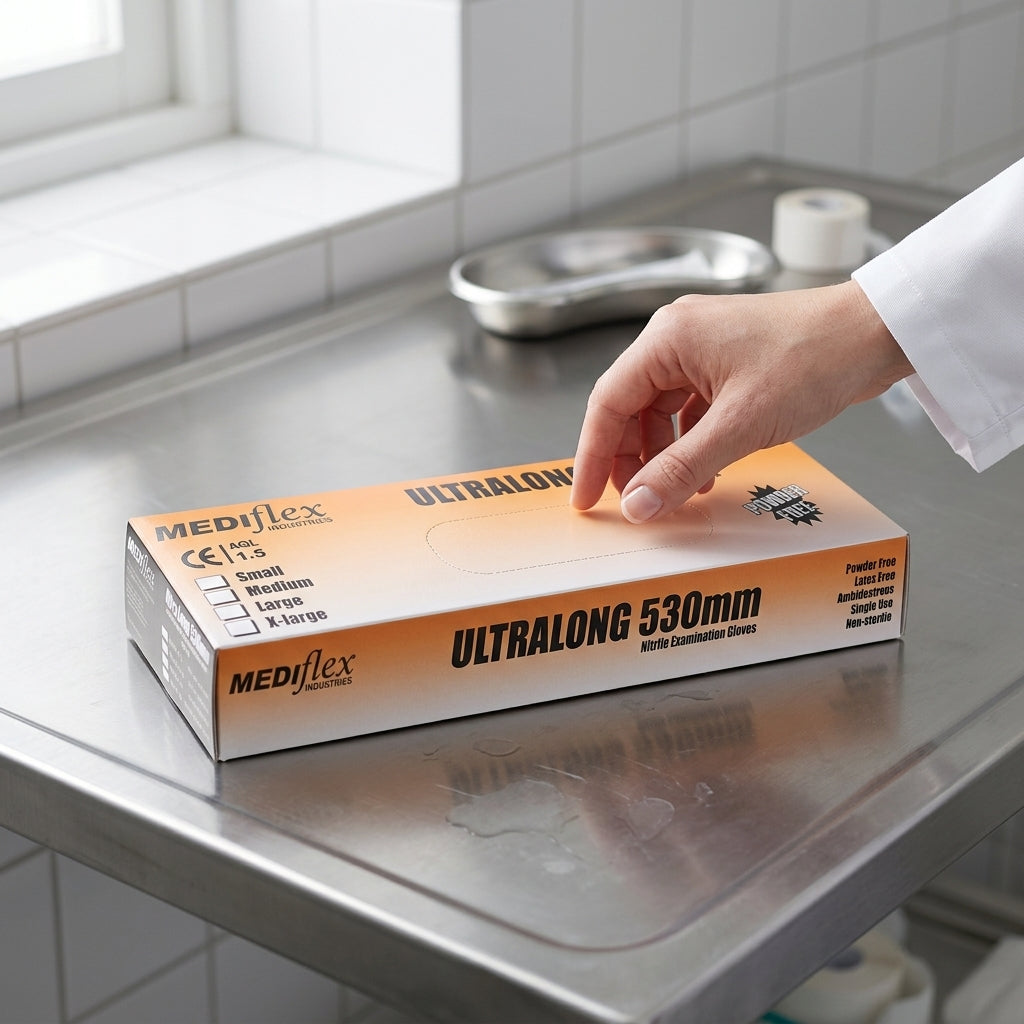 Box of Ultralong 530 powder-free nitrile examination gloves for high-risk clinical and veterinary use.