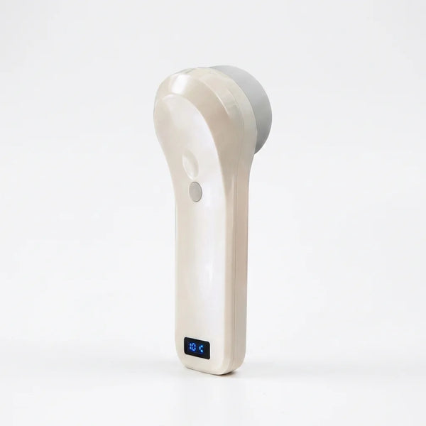 Wireless 4D ultrasound bladder scanner system showing the portable probe and digital touchscreen display tablet.